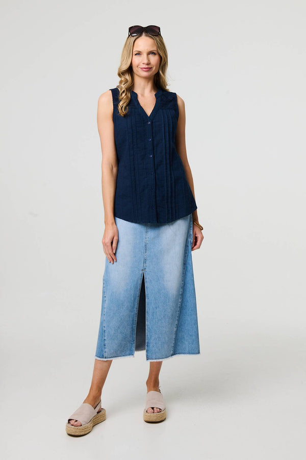 Blue | Lace Trim Sleeveless V-Neck Blouse

