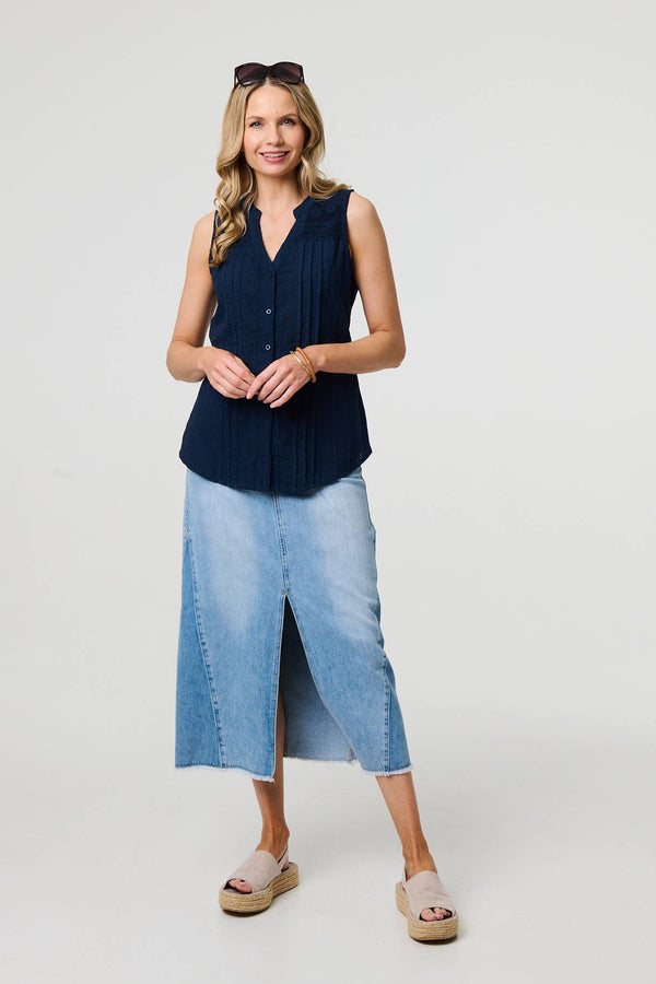 Blue | Lace Trim Sleeveless V-Neck Blouse
