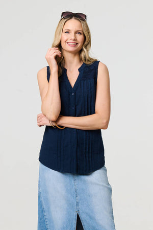 Blue | Lace Trim Sleeveless V-Neck Blouse
