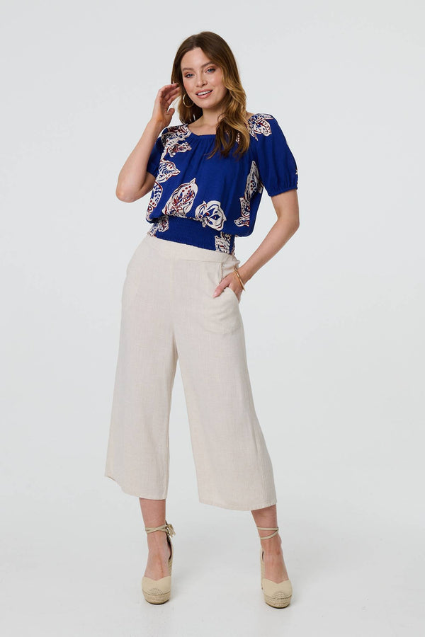 Blue | Leaf Print Bardot Puff Sleeve Crop Top
