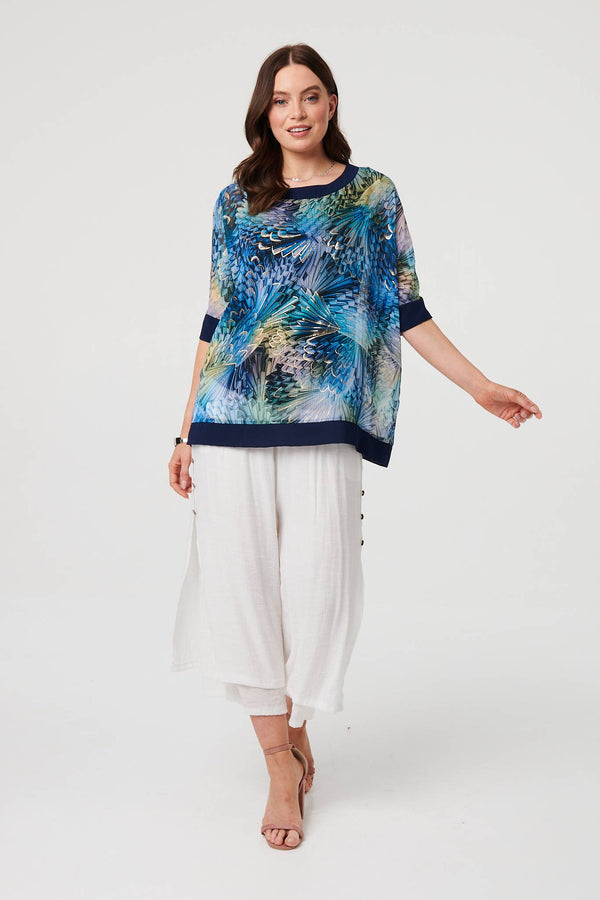 Blue | Abstract 3/4 Sleeve Relaxed Tunic Top