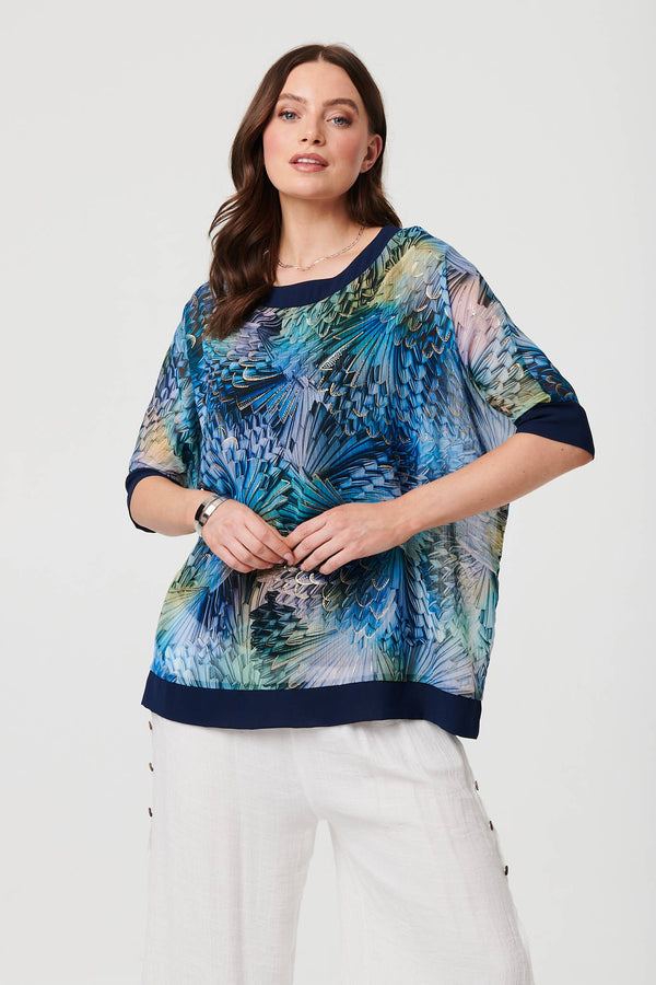 Blue | Abstract 3/4 Sleeve Relaxed Tunic Top