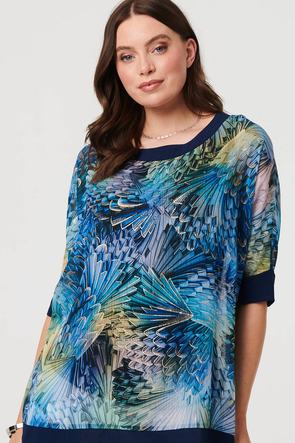 Blue | Abstract 3/4 Sleeve Relaxed Tunic Top