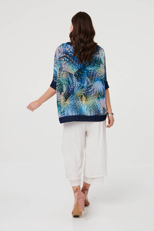 Blue | Abstract 3/4 Sleeve Relaxed Tunic Top