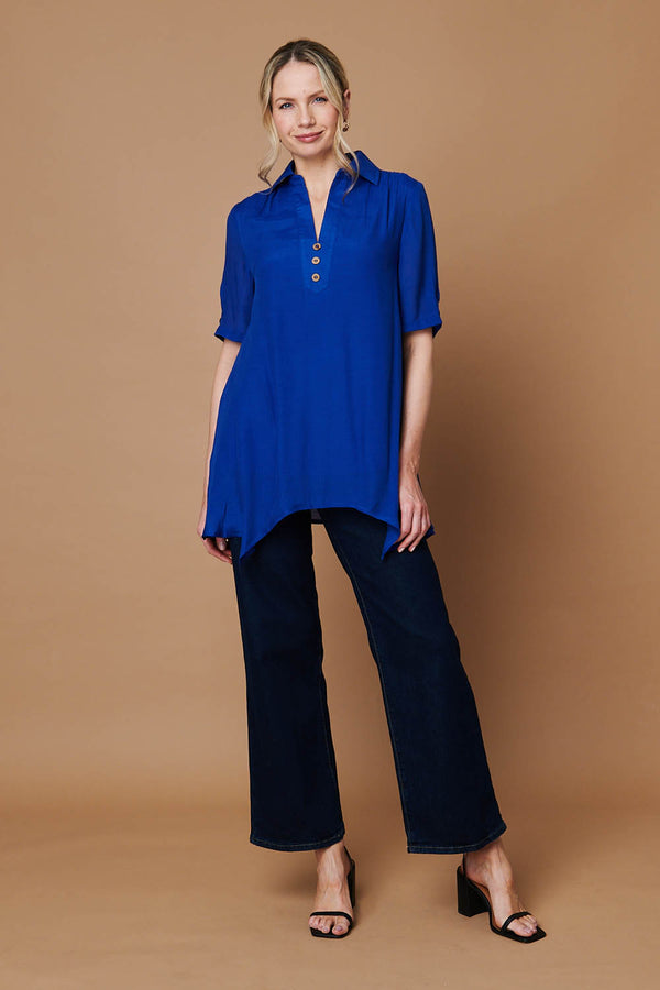 Blue | Semi Sheer Layer Collared Tunic Blouse