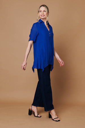 Blue | Semi Sheer Layer Collared Tunic Blouse