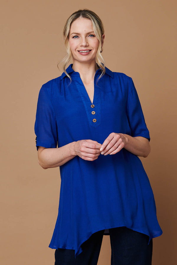 Blue | Semi Sheer Layer Collared Tunic Blouse