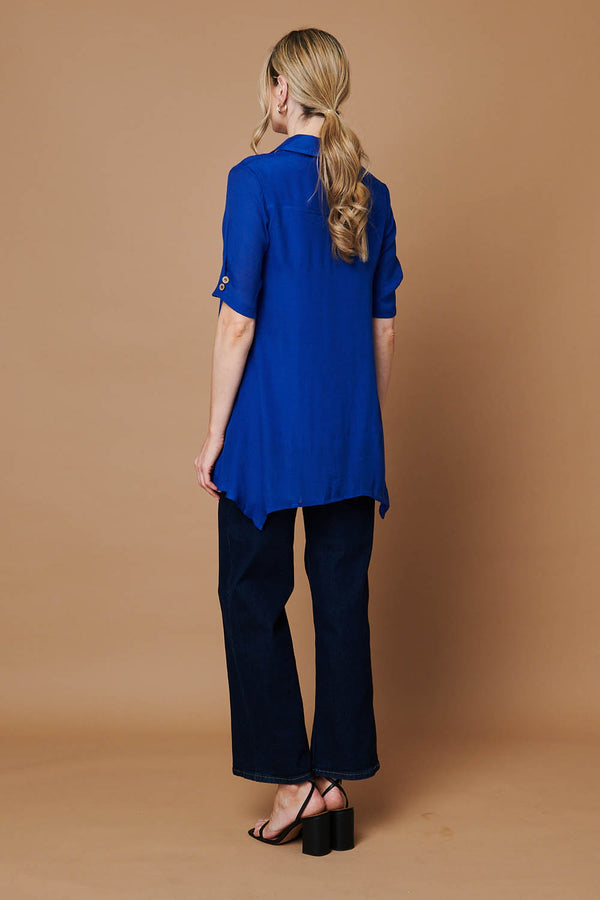Blue | Semi Sheer Layer Collared Tunic Blouse