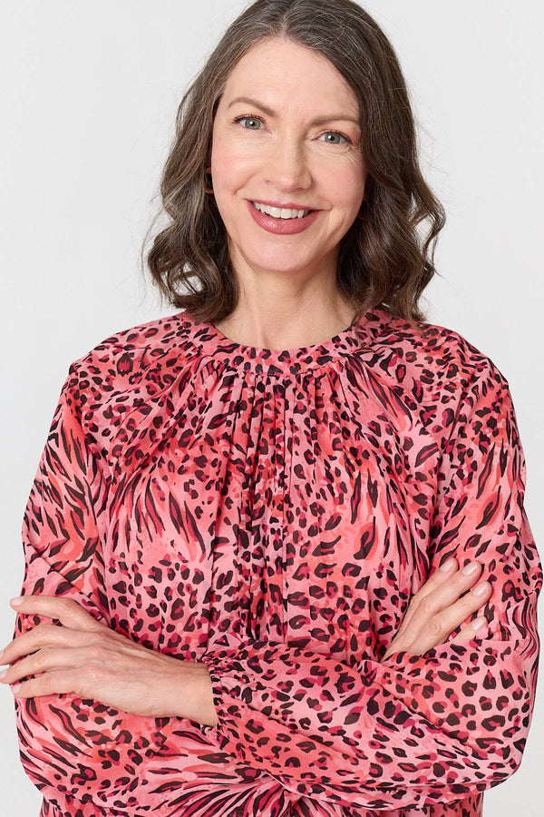 Pink | Animal Print Long Sleeve Tunic Blouse
