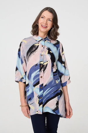 Blue | Brushstroke Print Collared Relaxed Shirt
