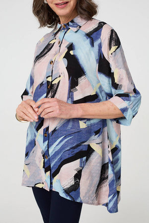 Blue | Brushstroke Print Collared Relaxed Shirt
