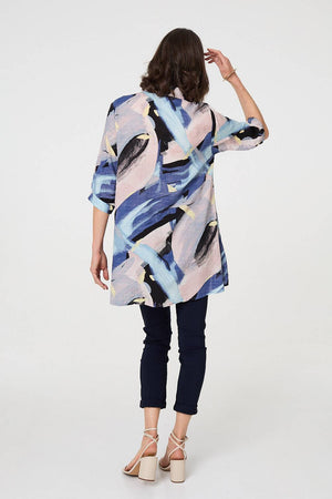 Blue | Brushstroke Print Collared Relaxed Shirt
