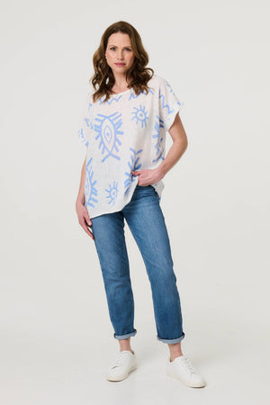 Blue | Printed Short Sleeve Relaxed Blouse
