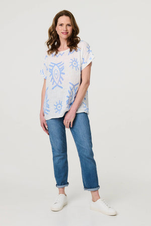 Blue | Printed Short Sleeve Relaxed Blouse
