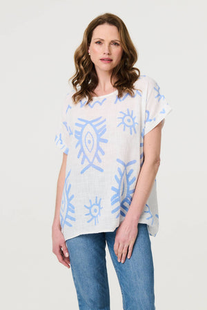 Blue | Printed Short Sleeve Relaxed Blouse
