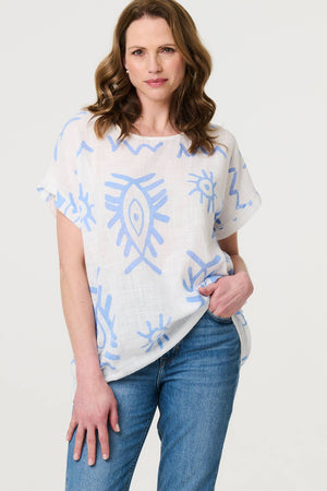 Blue | Printed Short Sleeve Relaxed Blouse
