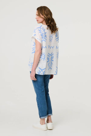 Blue | Printed Short Sleeve Relaxed Blouse
