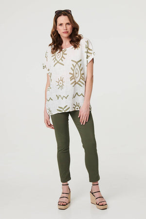 Khaki | Printed Short Sleeve Relaxed Blouse
