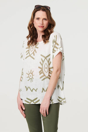 Khaki | Printed Short Sleeve Relaxed Blouse
