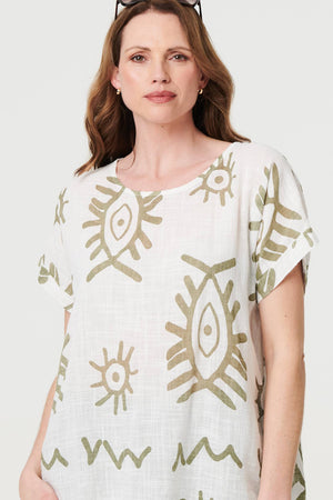 Khaki | Printed Short Sleeve Relaxed Blouse
