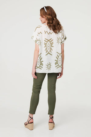 Khaki | Printed Short Sleeve Relaxed Blouse
