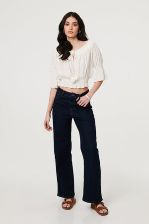 White | Textured Bardot Ruched Crop Top
