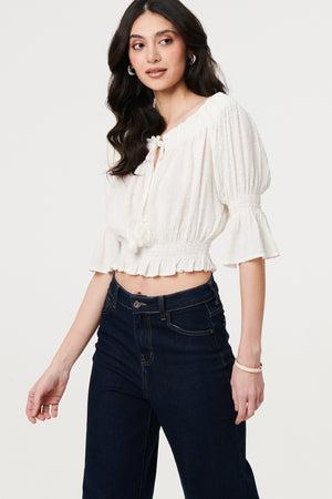 White | Textured Bardot Ruched Crop Top

