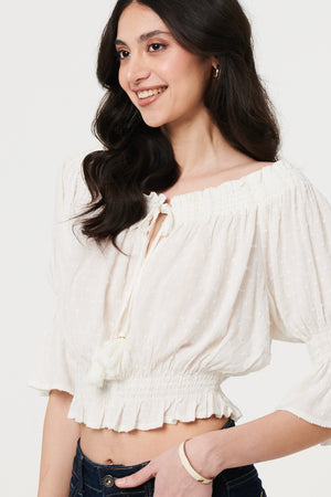 White | Textured Bardot Ruched Crop Top
