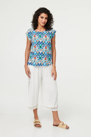 Blue | Printed Cap Sleeve Relaxed Blouse Top
