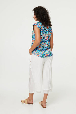 Blue | Printed Cap Sleeve Relaxed Blouse Top
