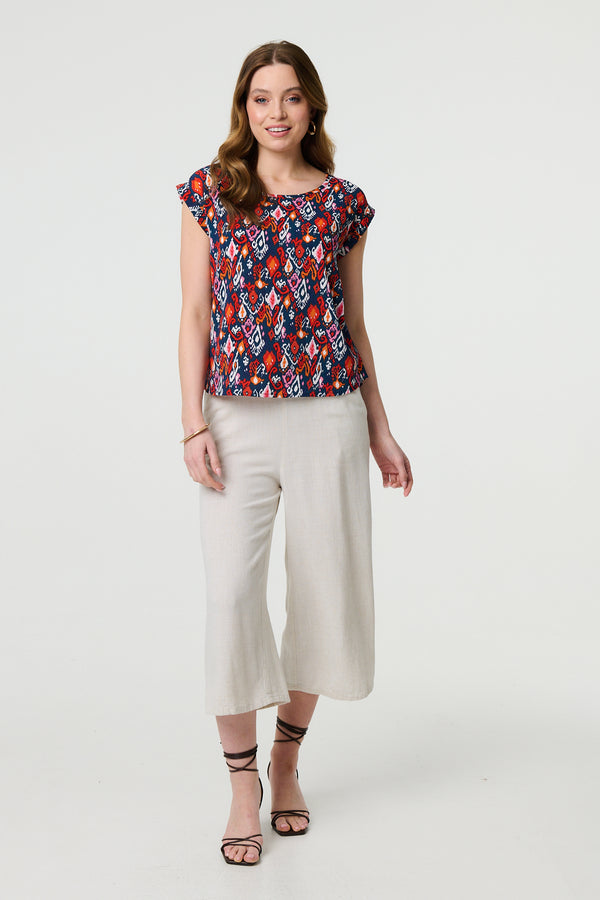 Navy | Printed Relaxed Cap Sleeve Shell Top
