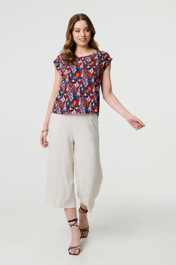 Navy | Printed Relaxed Cap Sleeve Shell Top
