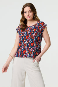 Navy | Printed Relaxed Cap Sleeve Shell Top
