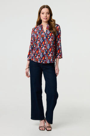 Navy | Printed Relaxed 3/4 Sleeve Blouse Top
