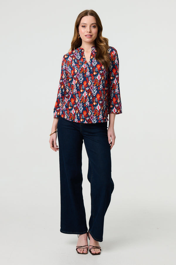 Navy | Printed Relaxed 3/4 Sleeve Blouse Top
