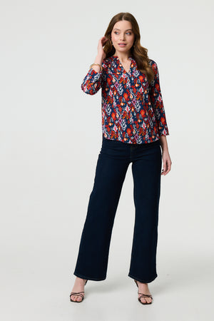 Navy | Printed Relaxed 3/4 Sleeve Blouse Top
