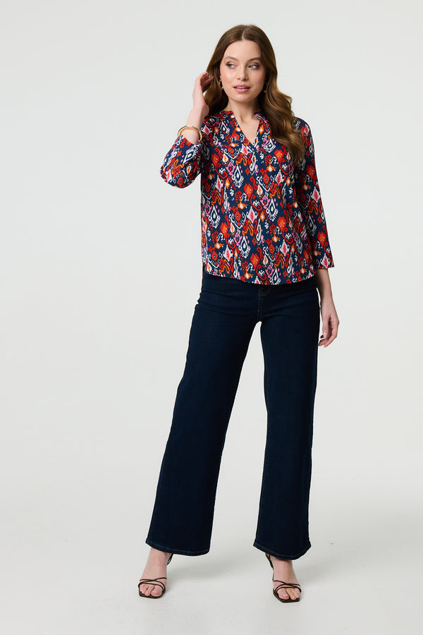 Navy | Printed Relaxed 3/4 Sleeve Blouse Top

