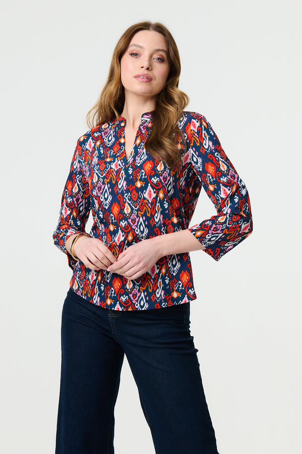 Navy | Printed Relaxed 3/4 Sleeve Blouse Top
