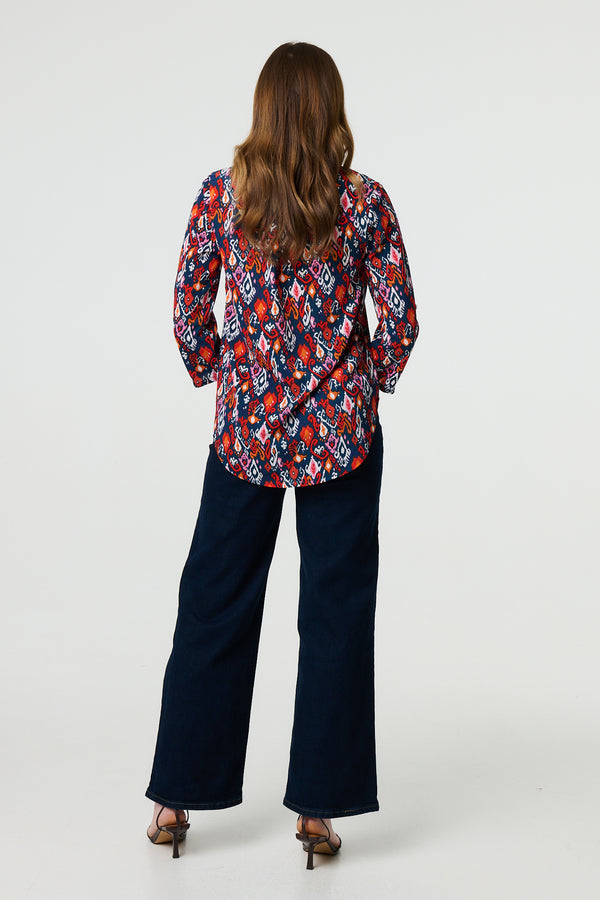 Navy | Printed Relaxed 3/4 Sleeve Blouse Top
