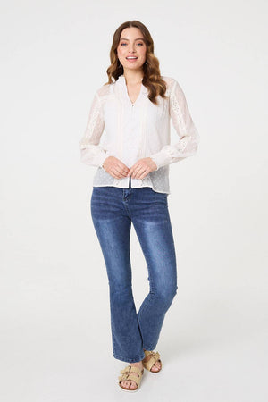 Ivory | Lace Trim High Neck Long Sleeve Blouse
