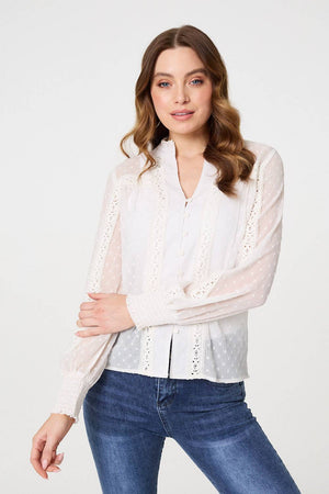 Ivory | Lace Trim High Neck Long Sleeve Blouse
