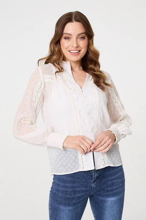Ivory | Lace Trim High Neck Long Sleeve Blouse
