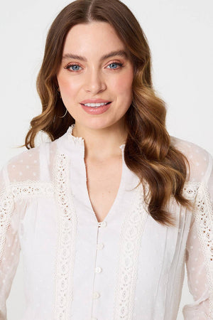 Ivory | Lace Trim High Neck Long Sleeve Blouse
