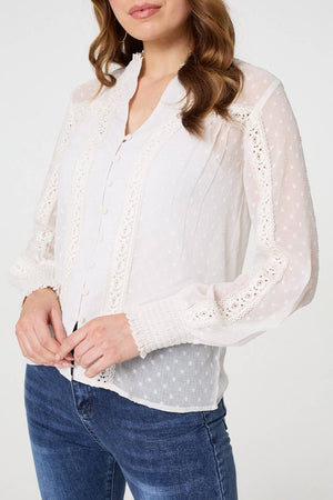 Ivory | Lace Trim High Neck Long Sleeve Blouse
