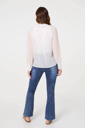 Ivory | Lace Trim High Neck Long Sleeve Blouse
