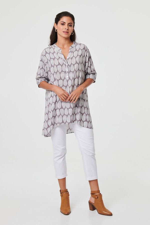 Grey | Leaf Print 1/2 Sleeve Curve Hem Blouse
