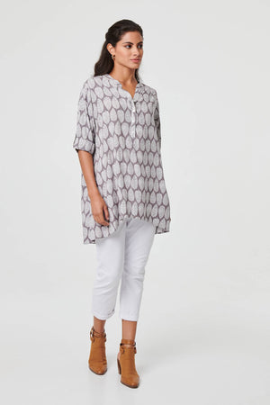 Grey | Leaf Print 1/2 Sleeve Curve Hem Blouse
