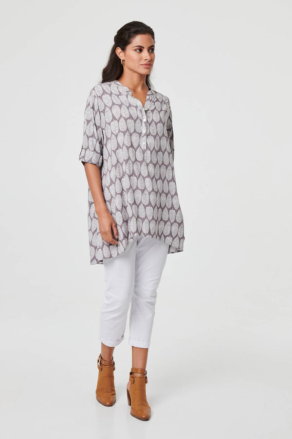 Grey | Leaf Print 1/2 Sleeve Curve Hem Blouse
