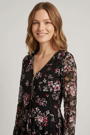 Black | Ditsy Floral Layered Zip V-Neck Top