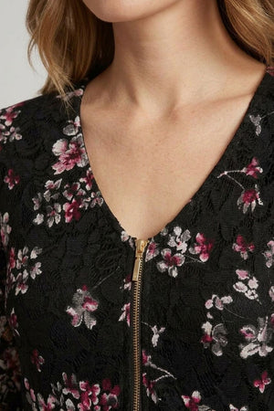 Black | Ditsy Floral Layered Zip V-Neck Top